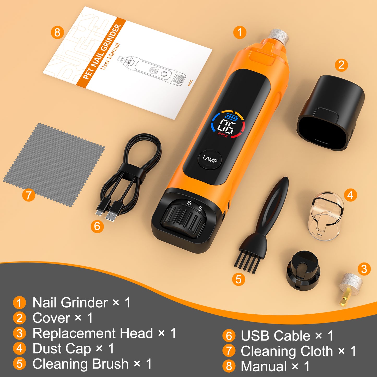 LAKWAR Dog Nail Grinder,6-Speed Pet Nail Grinder W/Light Quiet Rechargeable Electric Dog Nail Trimmer Painless Paws Grooming & Smoothing Tool for Large Medium Small Dogs(Orange)