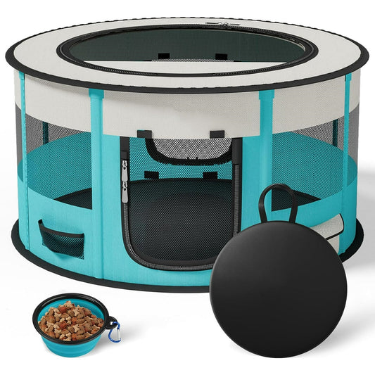 LAKWAR Large Pet Playpen for Dogs & Cats, 29"/72CM Diameter 16"/40cm Height Pet Playpens Foldable Portable Indoor Outdoor Exercise Pen with Carrying Case for Cat Puppy Rabbit（Cyan S）