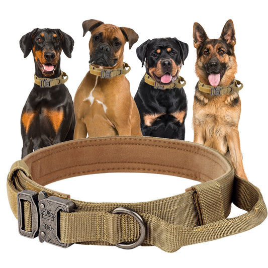 LAKWAR Tactical Dog Collar, Adjustable Military Training Nylon Dog Collar with Handle and Heavy Metal Buckle for Medium and Large Dogs (M, Khaki)