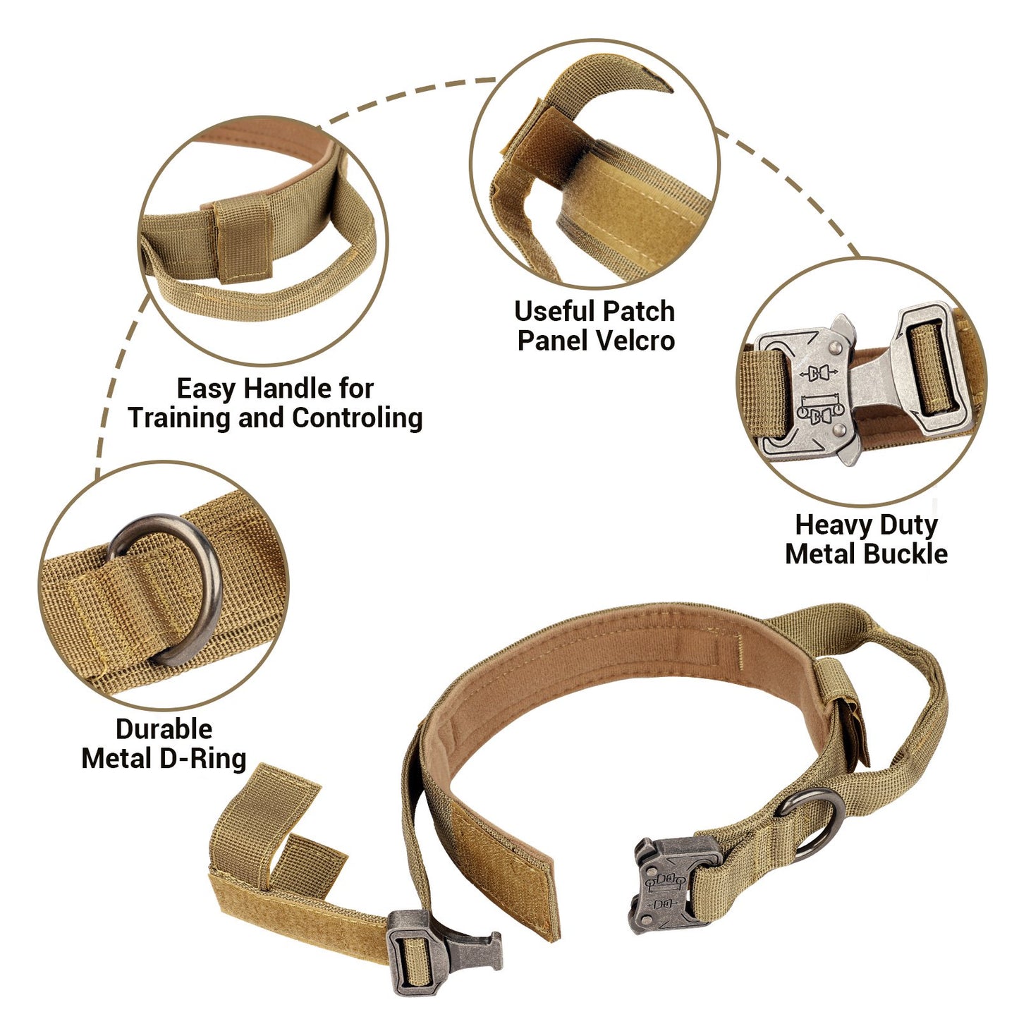 LAKWAR Tactical Dog Collar, Adjustable Military Training Nylon Dog Collar with Handle and Heavy Metal Buckle for Medium and Large Dogs (L, Khaki)