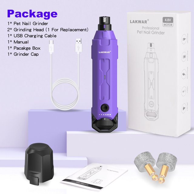 LAKWAR 6-Speed Dog Nail Grinder - Upgraded Pet Nail Grinder Super Quiet Rechargeable Electric Dog Nail Trimmer Painless Paws Grooming & Smoothing Tool for Large Medium Small Dogs(Purple)