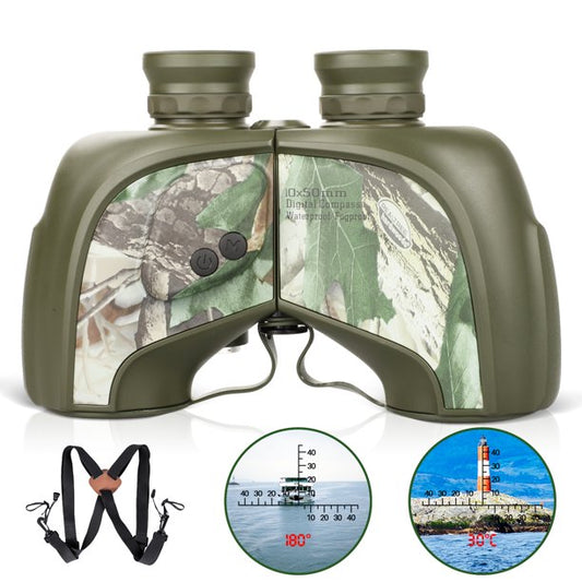 LAKWAR 10x50 Binoculars for Adults with Rangefinder and LCD Digital Compass Temperature, Compact Binoculars for Birdwatching, Marine, Hunting (10x50 Green)