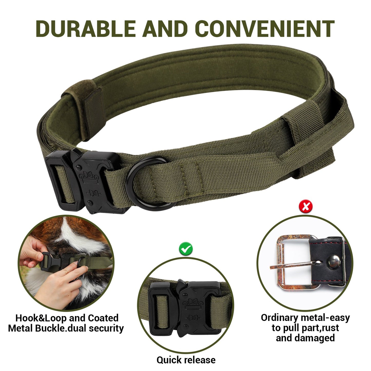 LAKWAR Tactical Dog Collar, Adjustable Military Training Nylon Dog Collar with Handle and Heavy Metal Buckle for Medium and Large Dogs (L, Green)