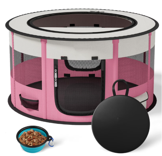 LAKWAR Large Pet Playpen for Dogs & Cats, 36"/90CM Diameter 23"/60cm Height Pet Playpens Foldable Portable Indoor Outdoor Exercise Pen with Carrying Case for Cat Puppy Rabbit,Pink