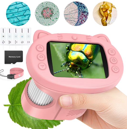 Handheld Microscope for Kids with 2.4" Large Screen, STEM Science Toy Digital Microscope for Boys and Girls Edu Science Kit Gift for Kids-Pink