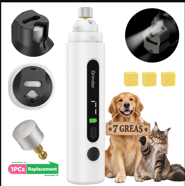 Upgraded 7-Speed Dog Nail Grinder with LED Light, Low Noise & Low Vibration Rechargeable Pet Nail Trimmer, Painless Safe Grooming Tool for Dogs & Cats