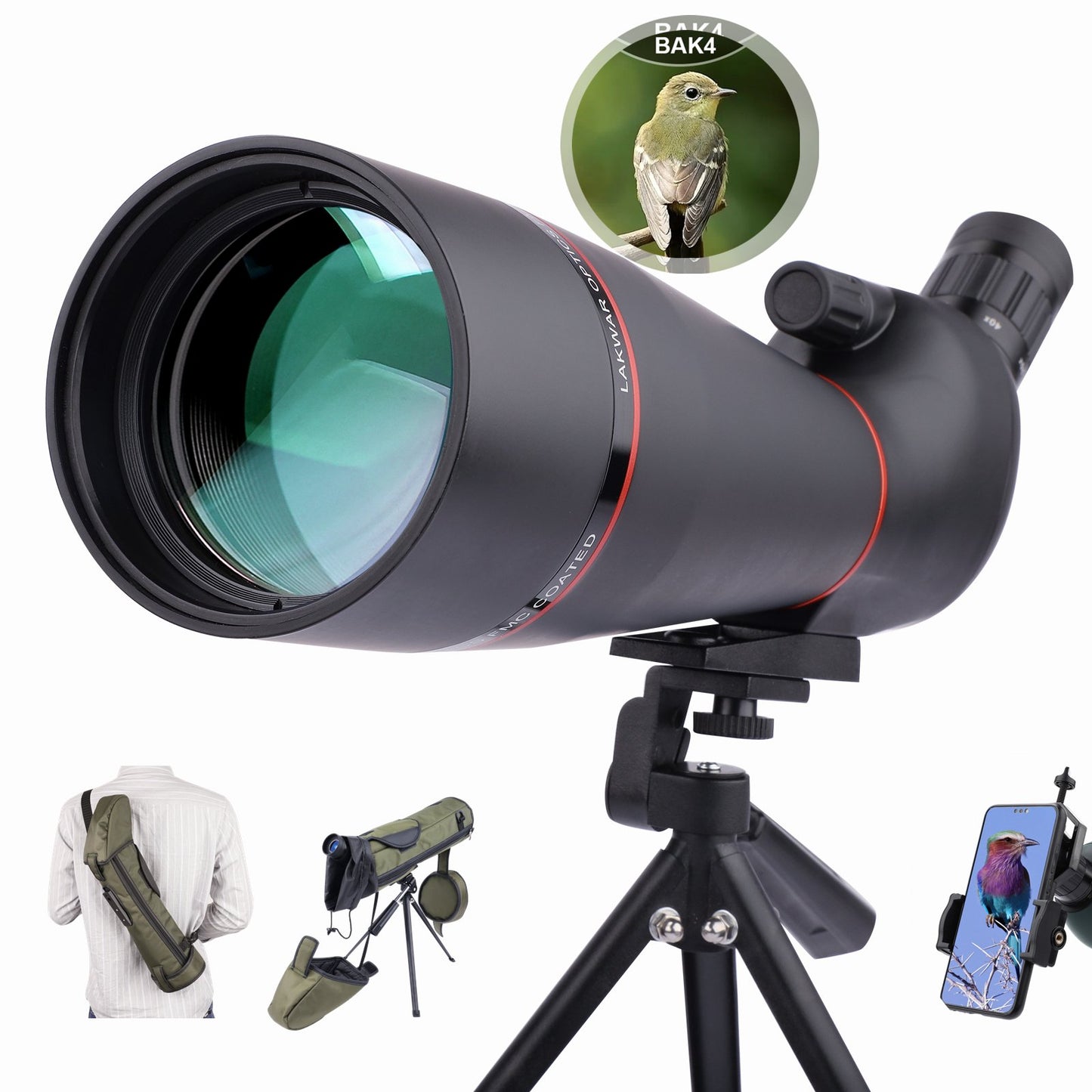 LAKWAR 20-60x80mm HD Spotting Scope for Bird Watching, Monocular Telescope BAK4 45-Degree Angled Eyepiece with Carrying Bag,Phone Photo Mount for Hunting Target Shooting Wildlife Scenery