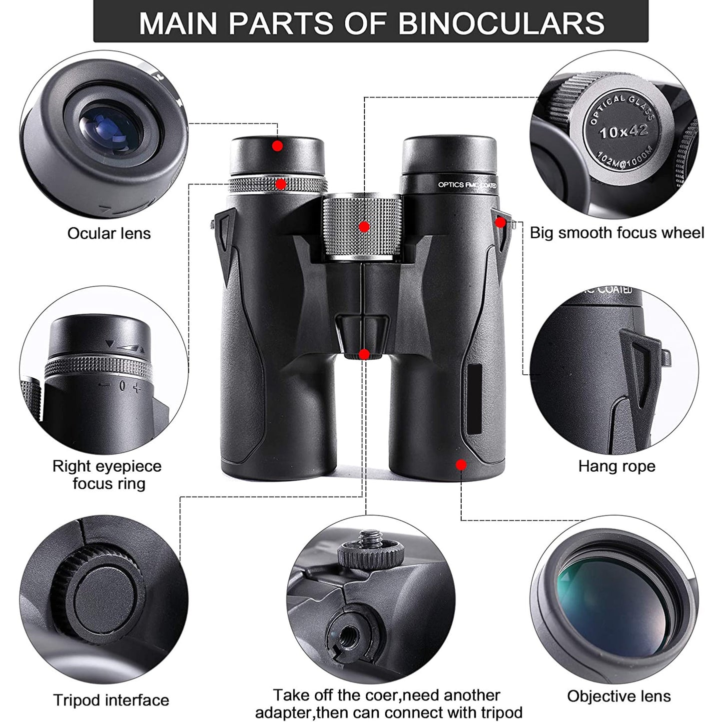 Binoculars for Adults,10x42 Compact HD Binoculars with Low Light Night Vision for Bird Watching Hunting Hiking Travel Stargazing Concerts Sports, BAK4 Prism FMC Lens，Black