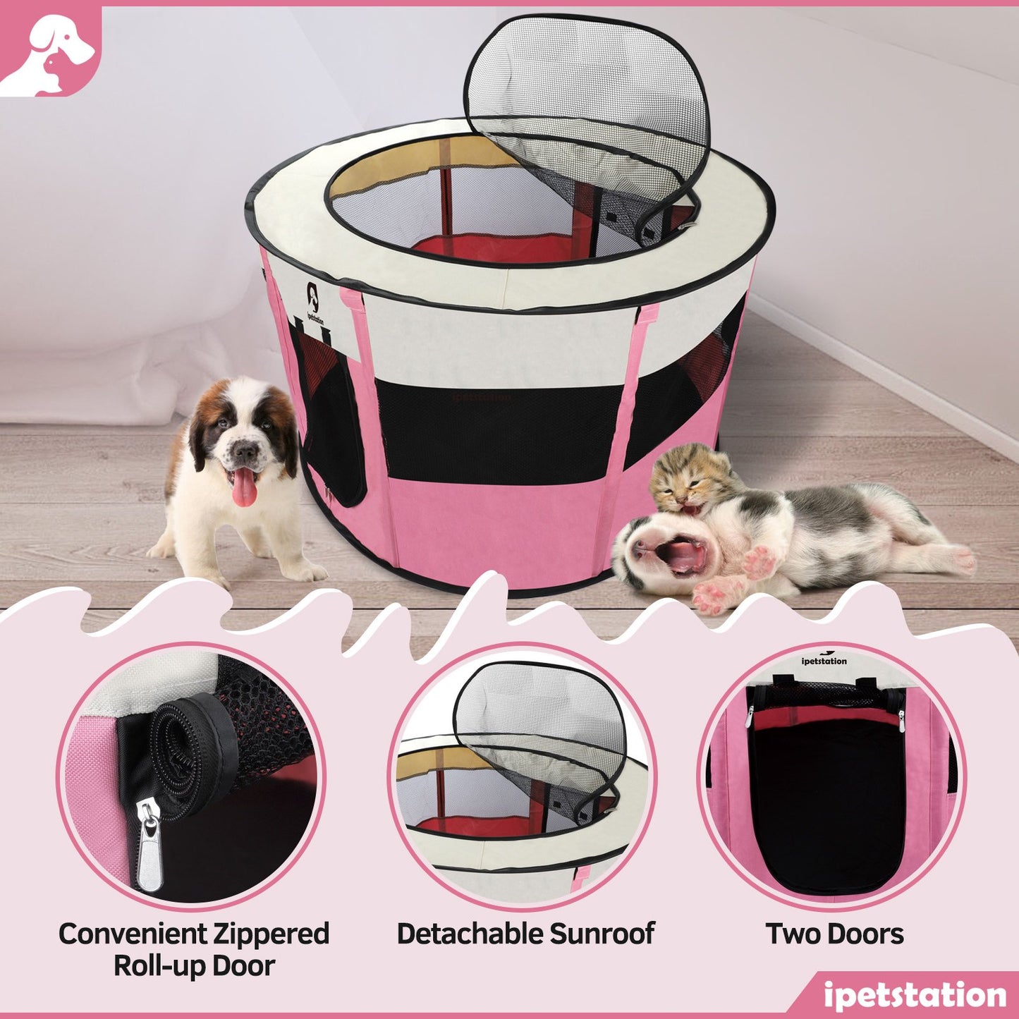 LAKWAR Large Pet Playpen for Dogs & Cats, 36"/90CM Diameter 23"/60cm Height Pet Playpens Foldable Portable Indoor Outdoor Exercise Pen with Carrying Case for Cat Puppy Rabbit,Pink