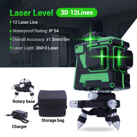 LAKWAR Laser Level,Green 12 Line Laser Levels Self Leveling,3x360 Rotary Laser Level,IP54 Laser Spirit Levels Self/Manual Leveling with Rotary base,Carrying Pouch for Construction,Home Renovation