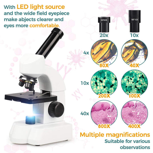 LAKWAR Microscope for Kids Children Student 40X-800X,Compound Biological Educational Microscope with Smartphone Adapter, Slides Set for Beginners