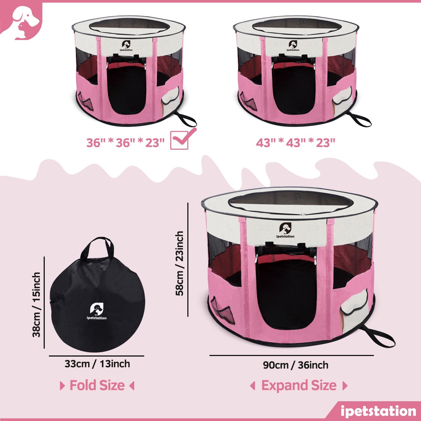 LAKWAR Large Pet Playpen for Dogs & Cats, 36"/90CM Diameter 23"/60cm Height Pet Playpens Foldable Portable Indoor Outdoor Exercise Pen with Carrying Case for Cat Puppy Rabbit,Pink