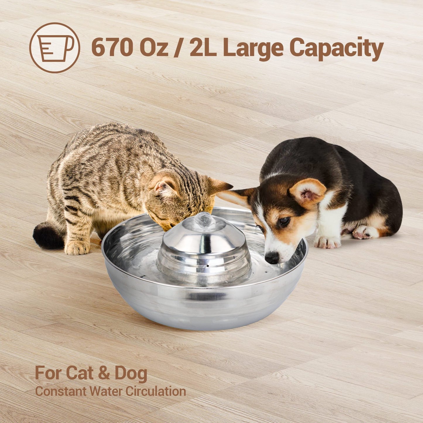 LAKWAR Cat Water Fountain Stainless Steel, 67oz/2L Pet Water Fountain with 4 Replacement Filters, Water Drinking, Easy Assemble & Clean Pet Fountain for Dogs & Cats