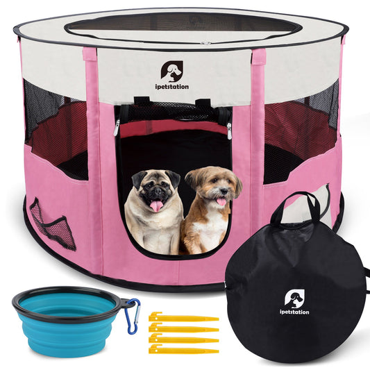 LAKWAR Large Pet Playpen for Dogs & Cats, 43"/110CM Diameter 23"/60cm Height Pet Playpens Foldable Portable Indoor Outdoor Exercise Pen with Carrying Case for Cat Puppy Rabbit,Pink