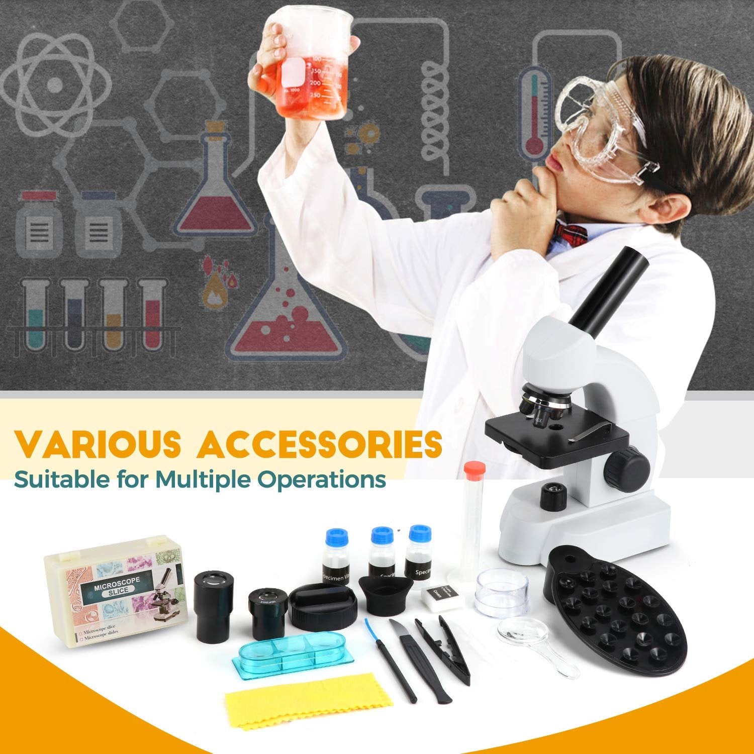 Microscope for Kids，40X-2000X Compound Microscope Mobile Phone Adapter with  Microscope Slide Microscope kit for Home School Laboratories for Children