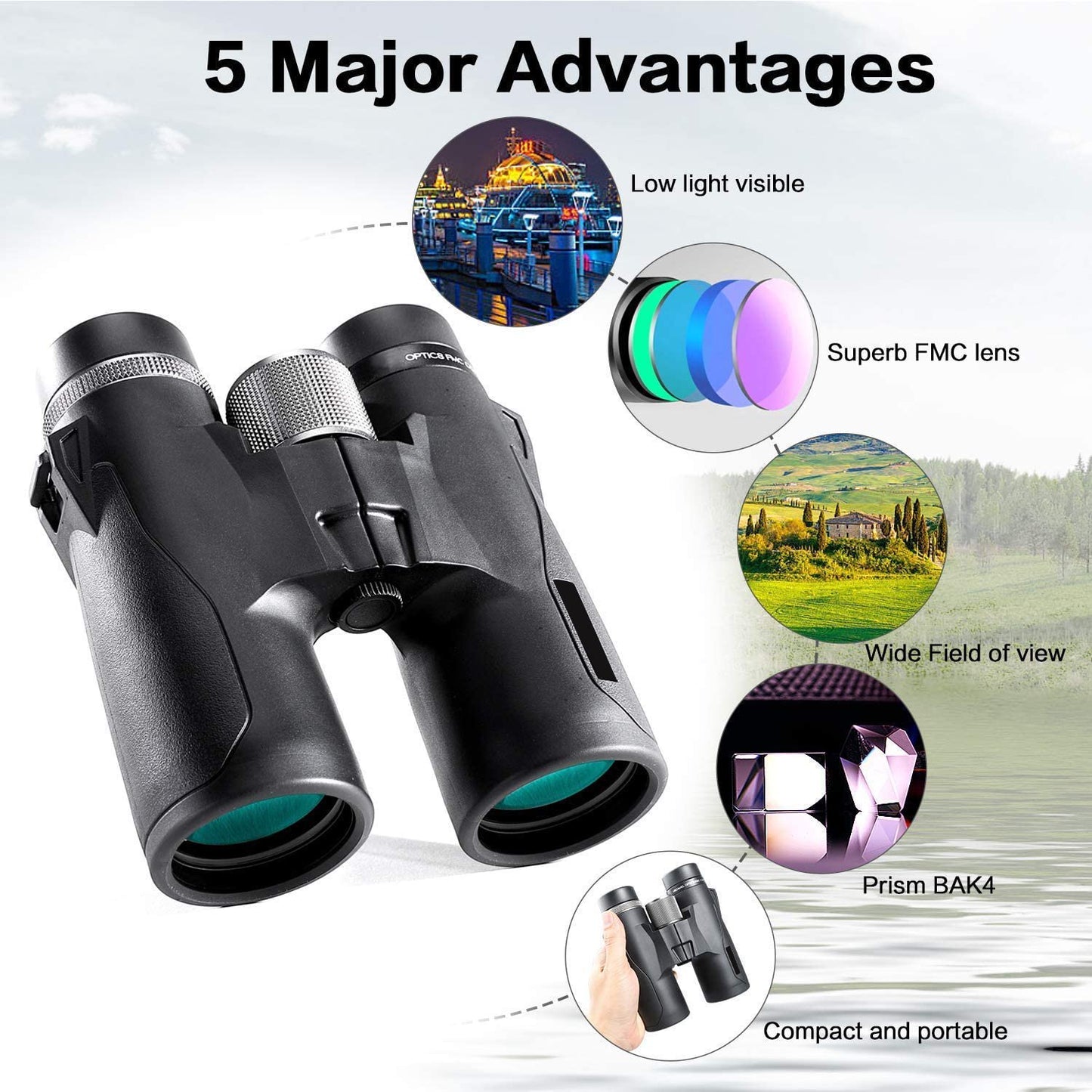 Binoculars for Adults,10x42 Compact HD Binoculars with Low Light Night Vision for Bird Watching Hunting Hiking Travel Stargazing Concerts Sports, BAK4 Prism FMC Lens，Black