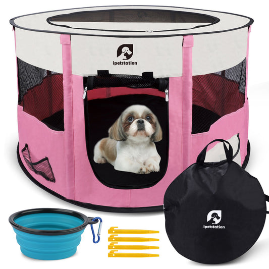 LAKWAR Large Pet Playpen for Dogs & Cats, 36"/90CM Diameter 23"/60cm Height Pet Playpens Foldable Portable Indoor Outdoor Exercise Pen with Carrying Case for Cat Puppy Rabbit,Pink