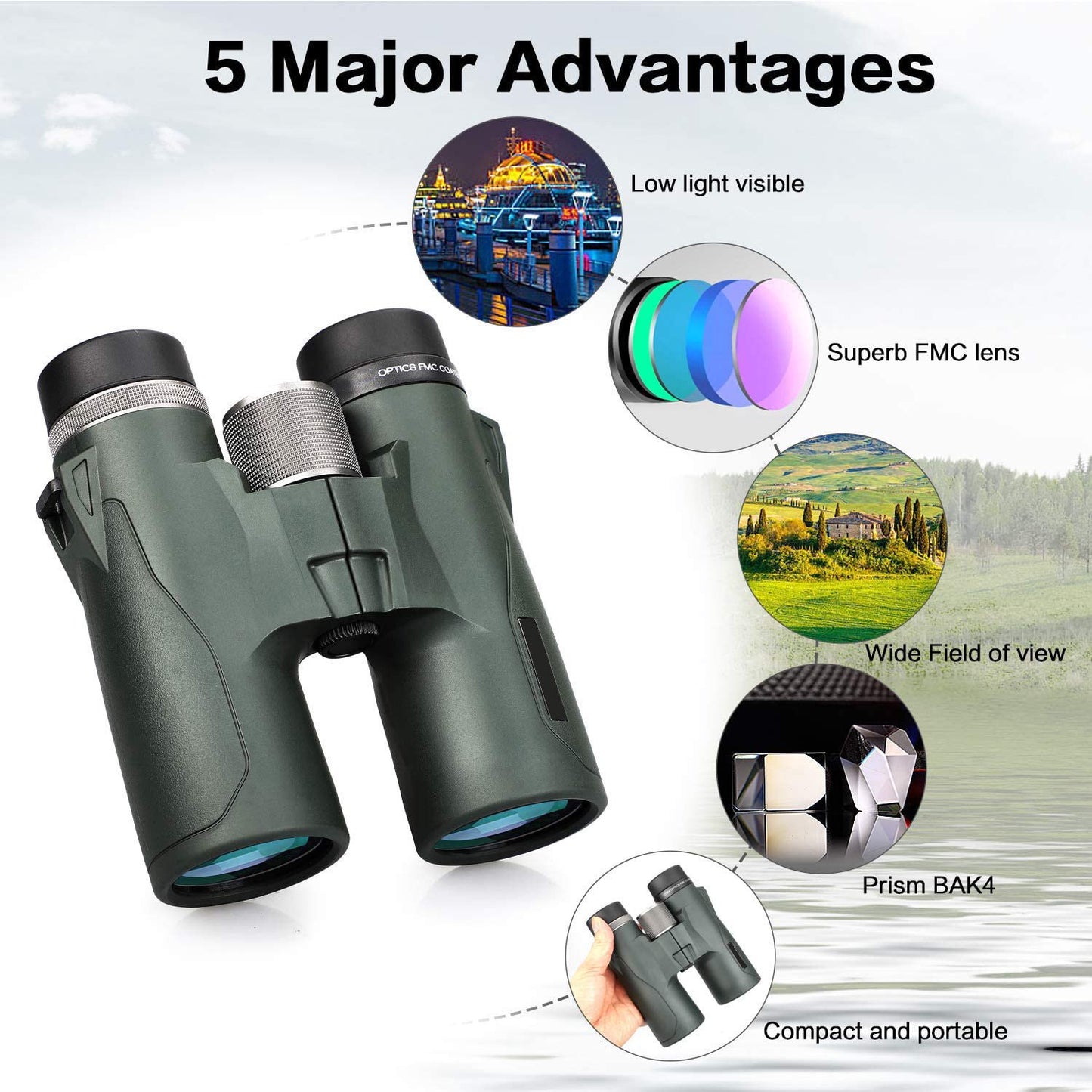 LAKWAR Binoculars for Adults,10x42 Compact HD Binoculars with Low Light Night Vision for Bird Watching Hunting Hiking Travel Stargazing Concerts Sports, BAK4 Prism FMC Lens, Army Green