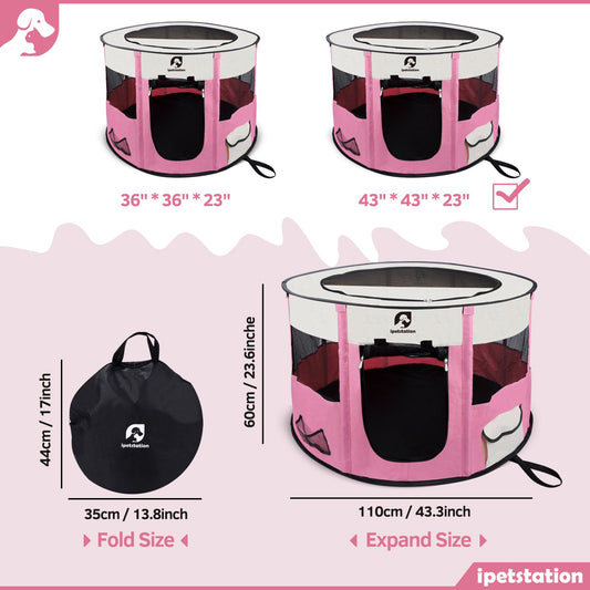 LAKWAR Large Pet Playpen for Dogs & Cats, 43"/110CM Diameter 23"/60cm Height Pet Playpens Foldable Portable Indoor Outdoor Exercise Pen with Carrying Case for Cat Puppy Rabbit,Pink