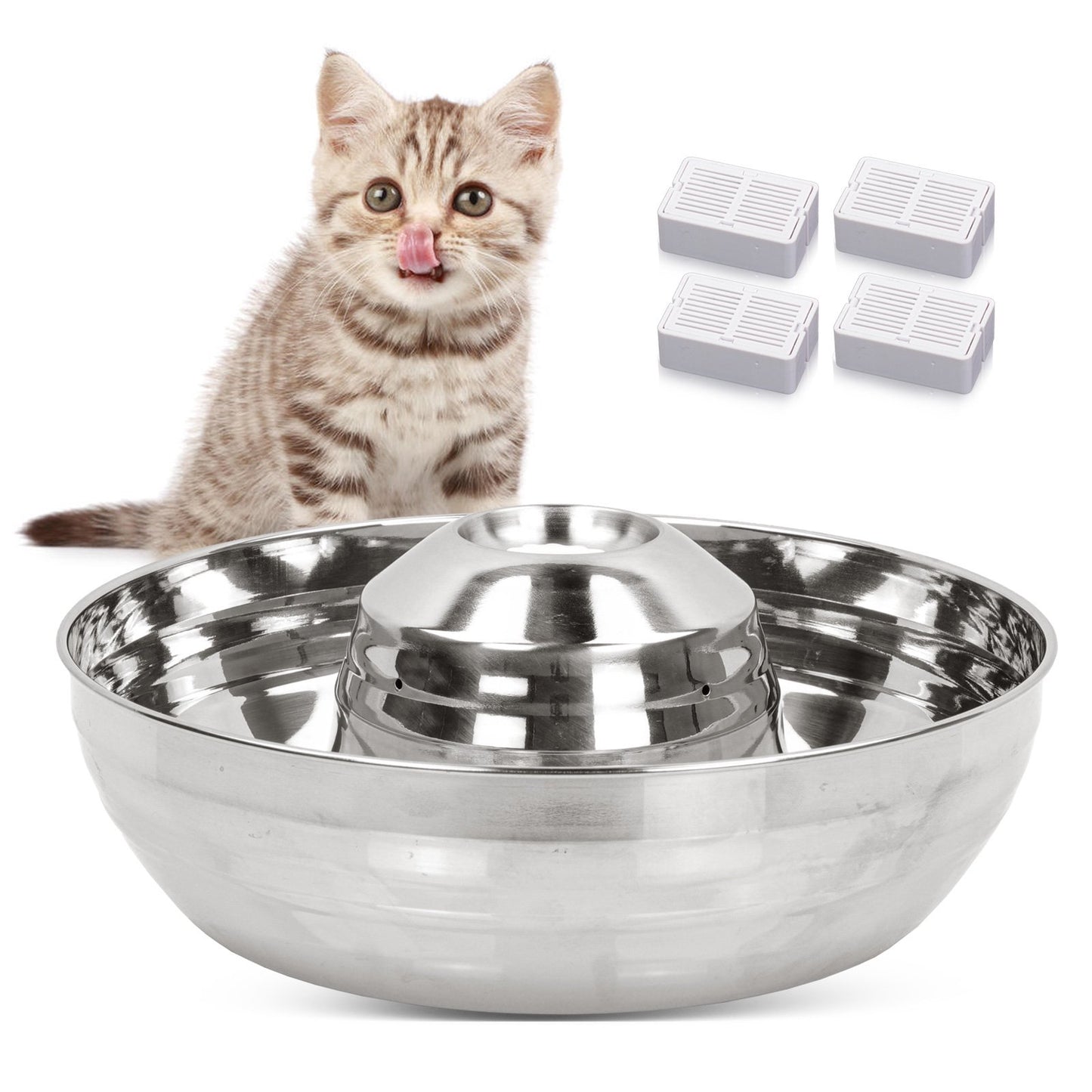 LAKWAR Cat Water Fountain Stainless Steel, 67oz/2L Pet Water Fountain with 4 Replacement Filters, Water Drinking, Easy Assemble & Clean Pet Fountain for Dogs & Cats